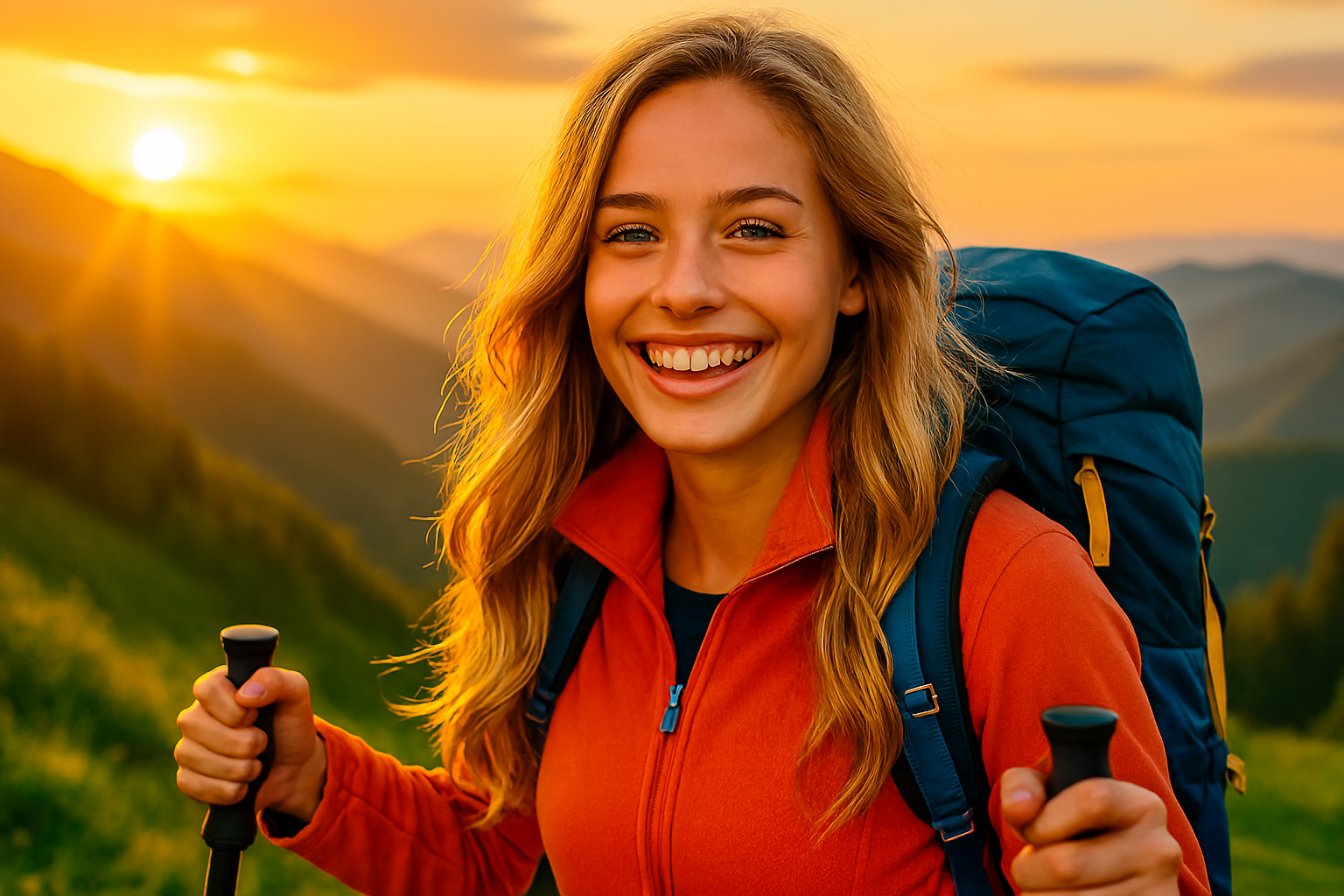 Une image de style réaliste et de haute qualité représentant une personne énergique et joyeuse faisant de la randonnée en montagne au lever du soleil. La personne a un sourire radieux, symbolisant la vitalité et la santé. Les couleurs sont vives et positives.