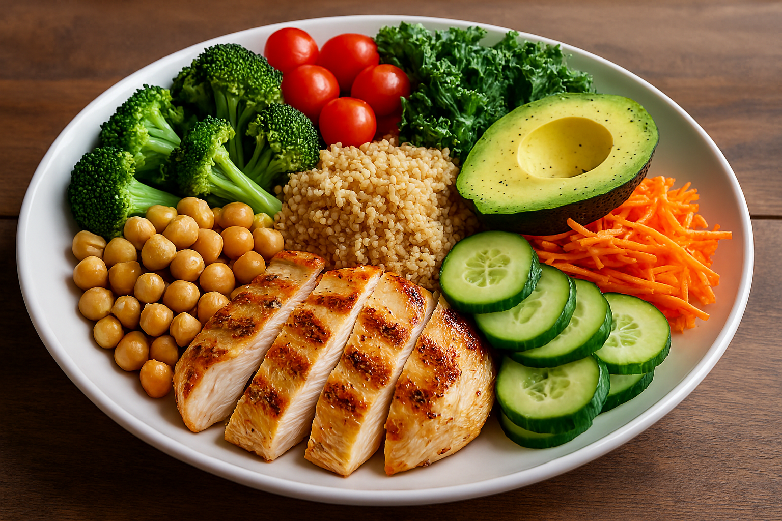Une assiette colorée et équilibrée remplie de légumes frais, de grains entiers, de protéines maigres et de graisses saines, symbolisant une bonne nutrition.