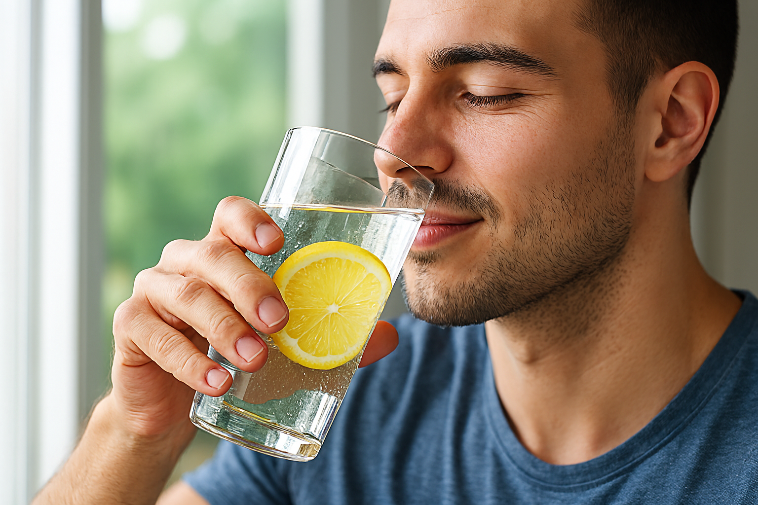 Une personne buvant un grand verre d'eau fraîche, avec une tranche de citron, symbolisant l'hydratation.