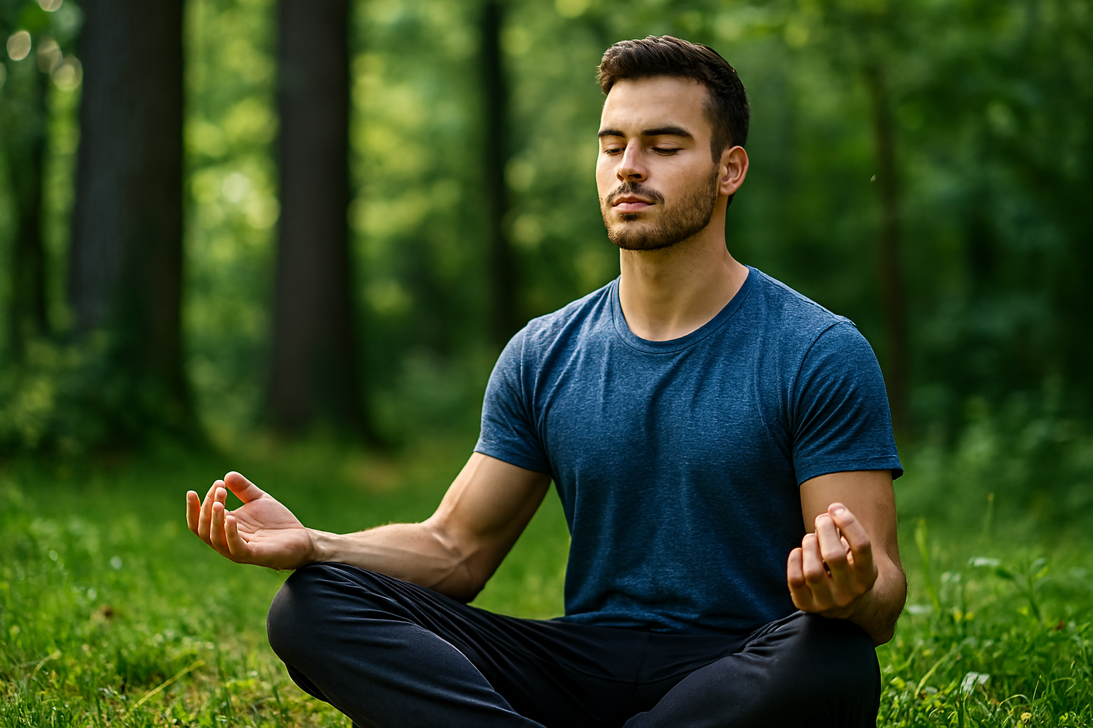 Une personne pratiquant la méditation dans un environnement calme et naturel, symbolisant la gestion du stress et la paix intérieure.