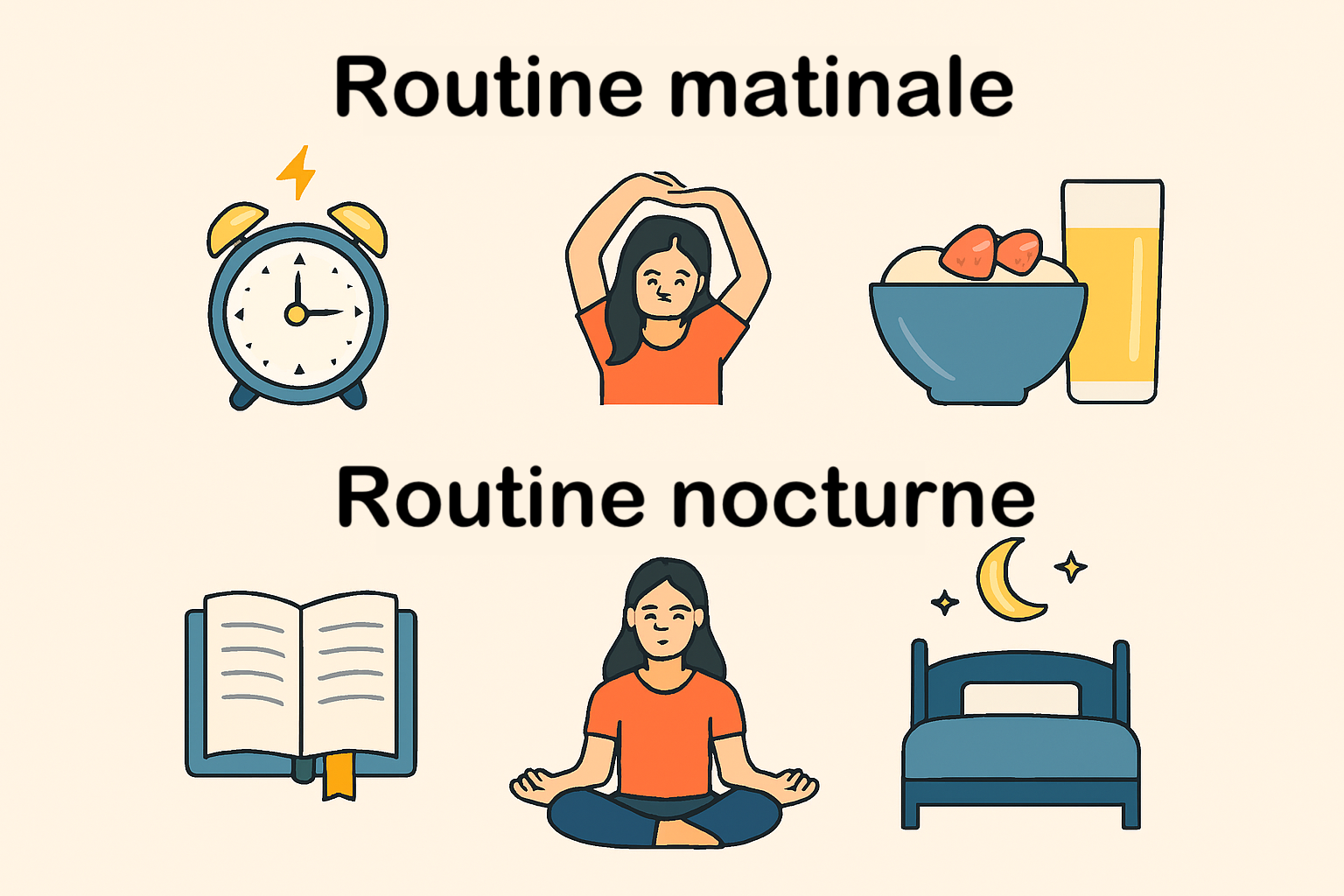 Un aperçu des icônes représentant une routine matinale (réveil, étirements, petit-déjeuner sain) et une routine nocturne (lecture, méditation, coucher).